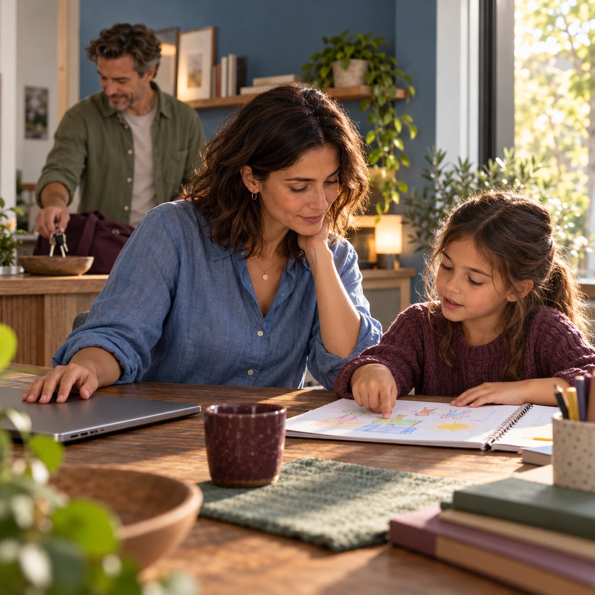 Une mère accompagne sa fille devant un cahier après avoir fermé son ordinateur, dans un intérieur lumineux aux tons bleus et bois.
